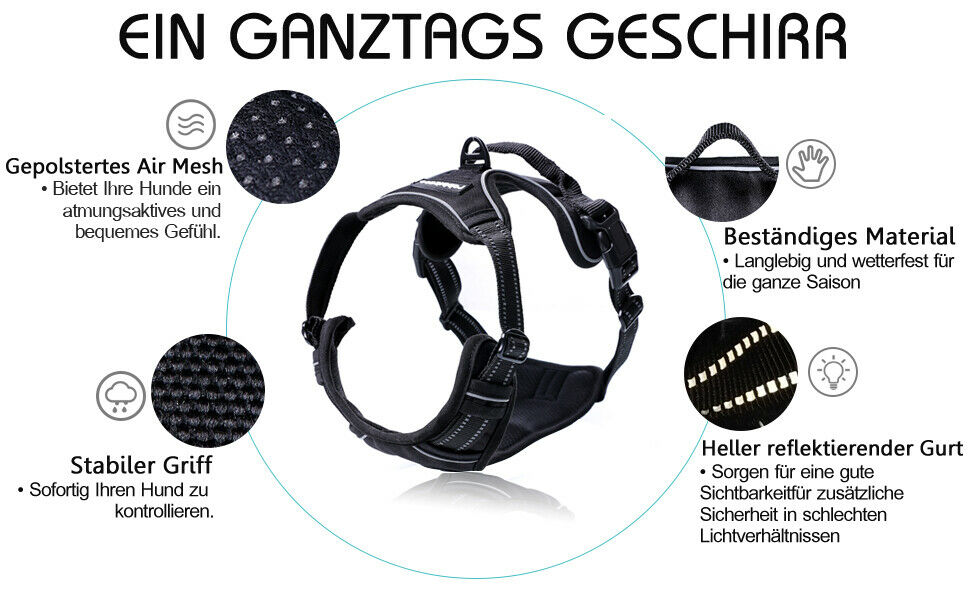 Hundegeschirr reflektierend schwarz Gr. S-XL Hund Geschirr Einstellbar inkl. Leine - AbisZHandel