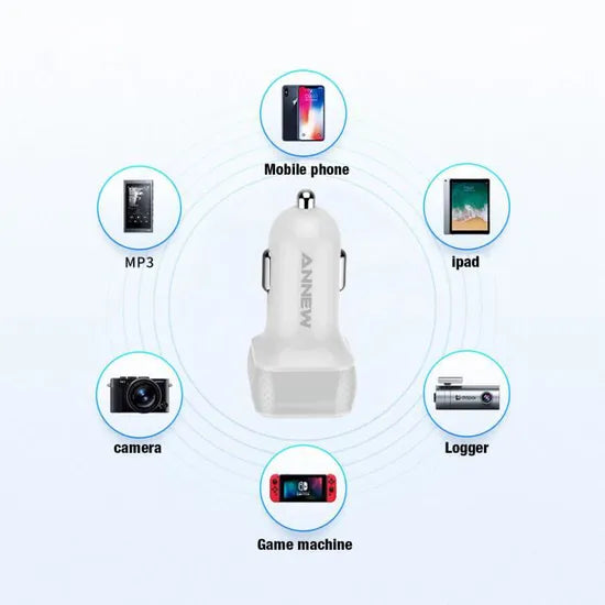USB Kfz-Ladegerät Auto Adapter 2-port 2.4A/4.8A Annew Weiß Grip für Handy